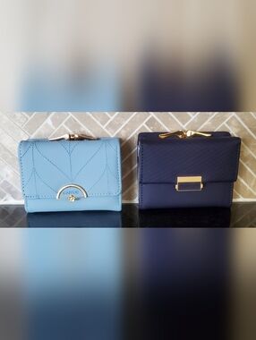 2 NWOT Pretty Blue Tri-fold Soft PU Leather Wallets w/ Change Purse